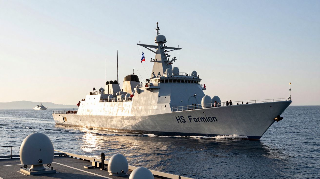 Wojskowy okręt HS Formion płynący po spokojnym morzu o zachodzie słońca.