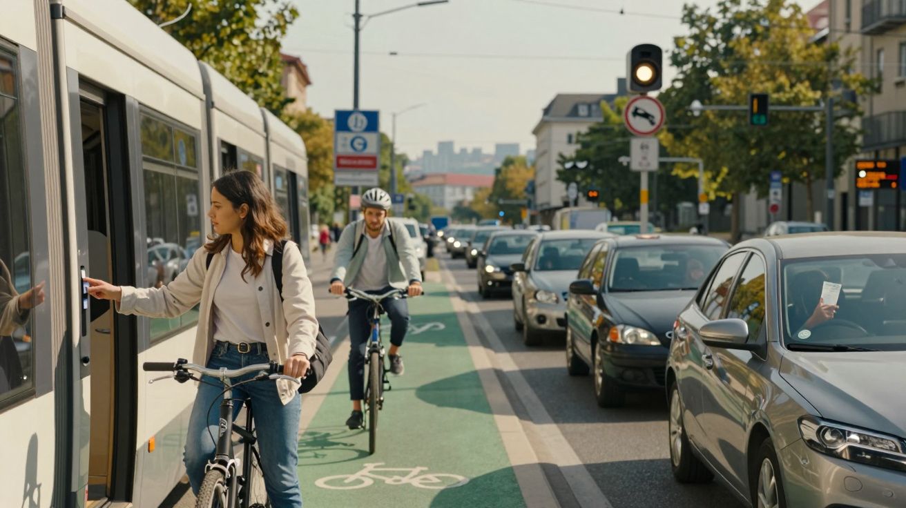 Kobieta na rowerze wsiada do tramwaju na ścieżce rowerowej, a za nią jedzie rowerzysta, obok korki samochodów.