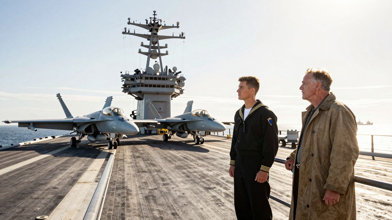 Dwie osoby stoją na pokładzie lotniskowca obok dwóch samolotów wojskowych w świetle dnia.