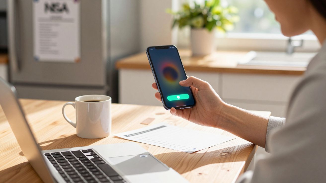 Osoba trzymająca smartfon przy stole z laptopem, filiżanką kawy i dokumentami w jasnym pomieszczeniu.