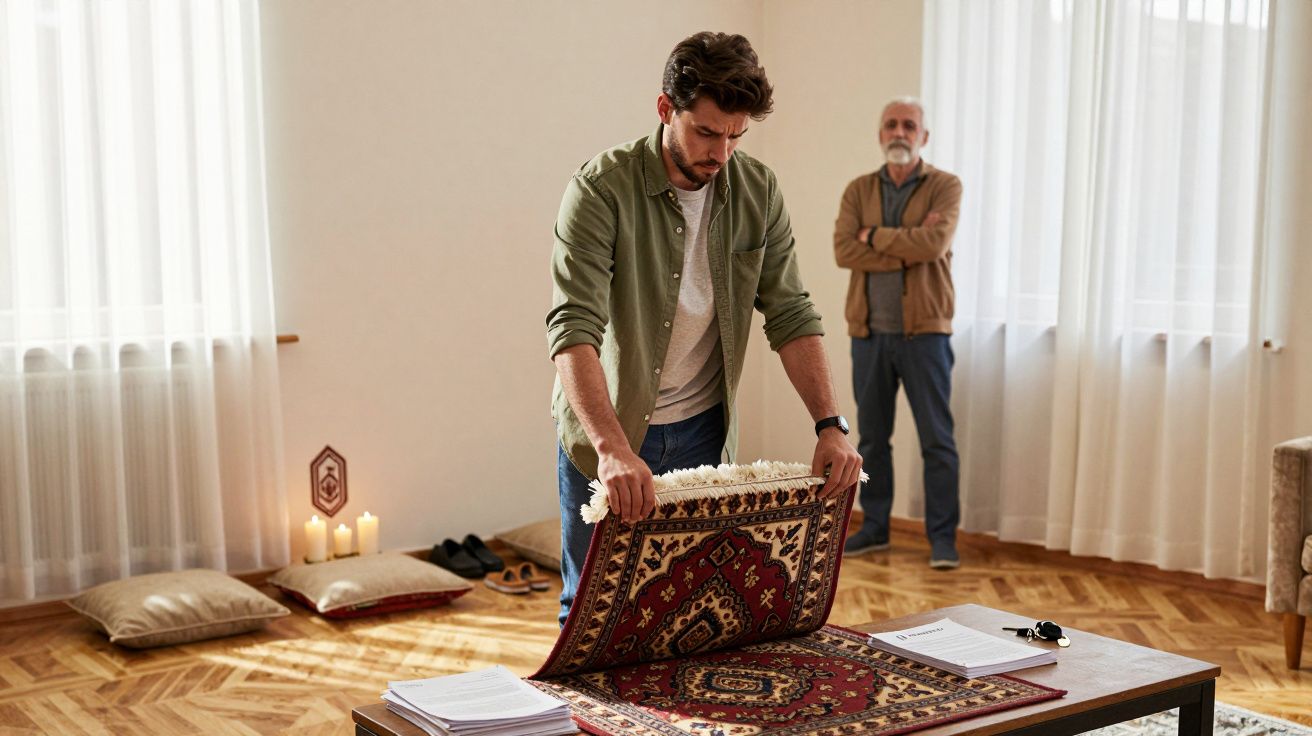 Młody mężczyzna układa dywan na stole, starszy mężczyzna stoi w tle z założonymi rękami.