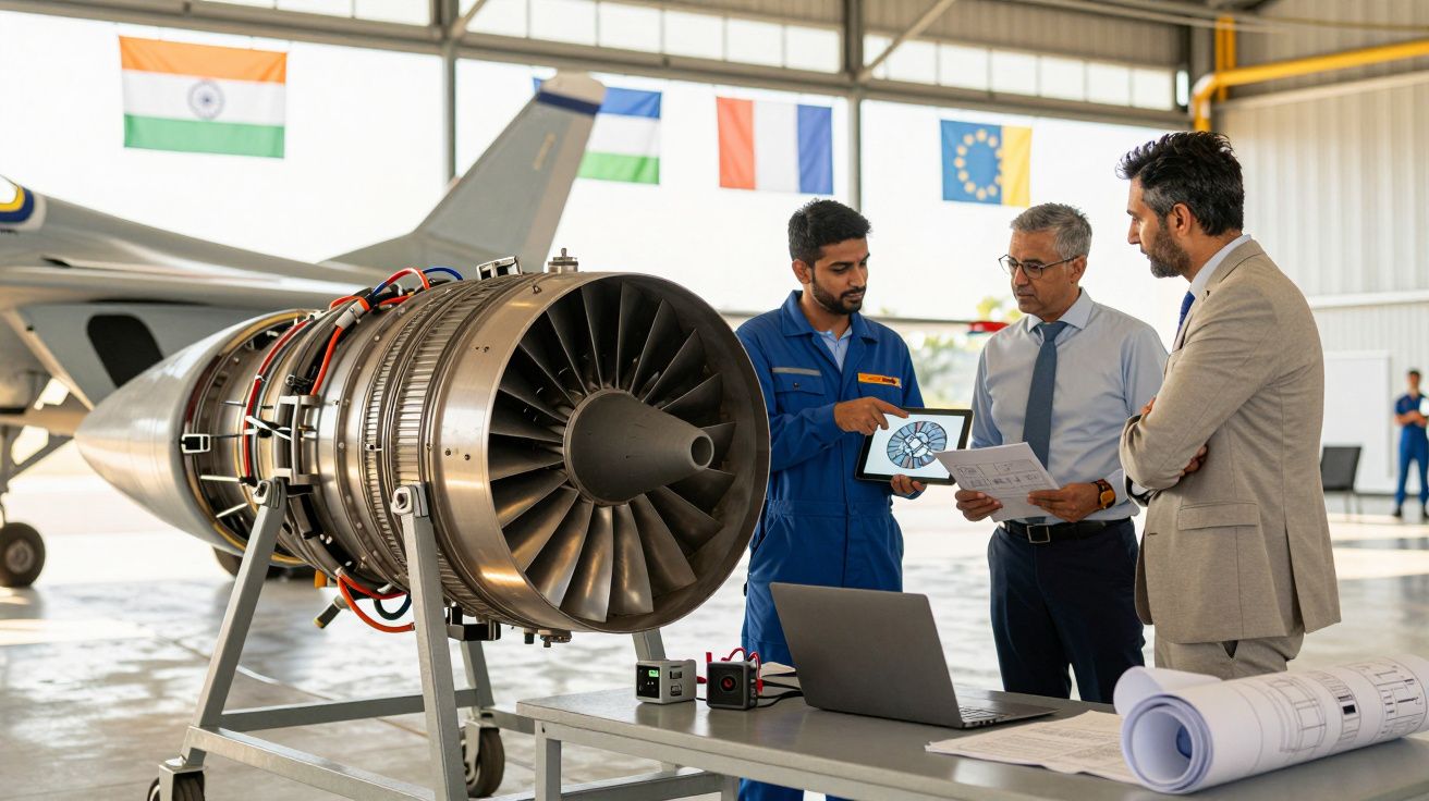 Inżynier pokazujący projekt silnika lotniczego dwóm biznesmenom w hangarze lotniczym.