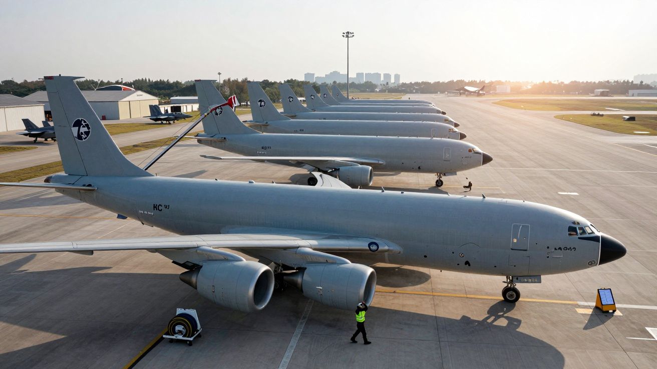 Samoloty wojskowe ustawione jeden za drugim na pasie startowym podczas zachodu słońca.