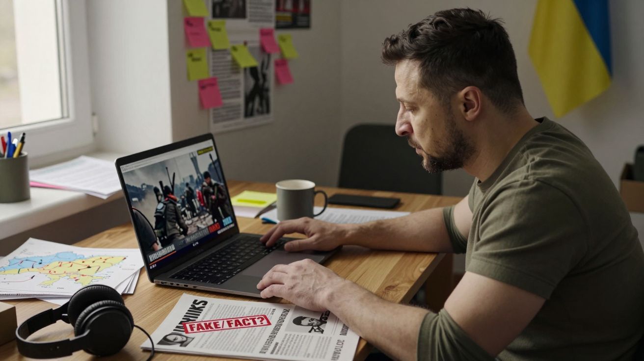 Mężczyzna siedzi przy biurku, korzysta z laptopa, na stole gazeta, słuchawki i mapa.