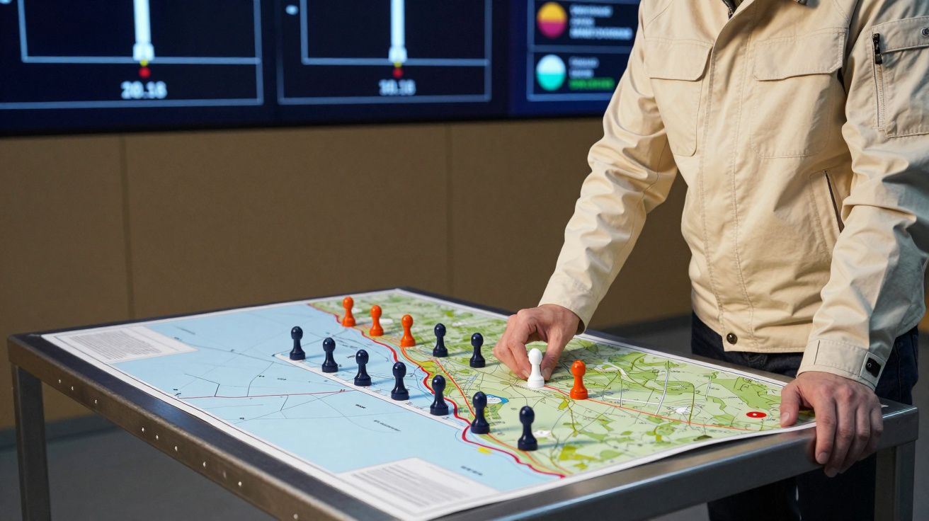 Osoba przesuwa białą figurę na mapie z różnymi pionkami na stole symulacyjnym.