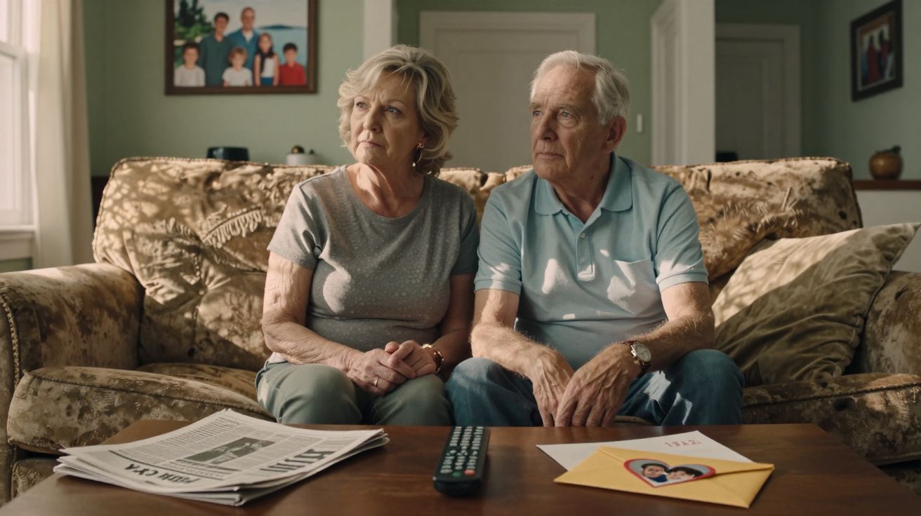 Starsza para siedzi razem na kanapie z poważnymi wyrazami twarzy, patrząc w bok.