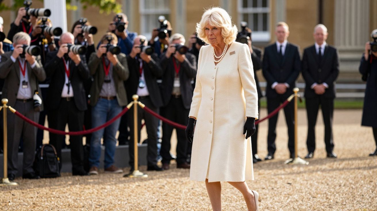 Kobieta w białym płaszczu i czarnych rękawiczkach idzie, w tle fotografowie i ochroniarze.