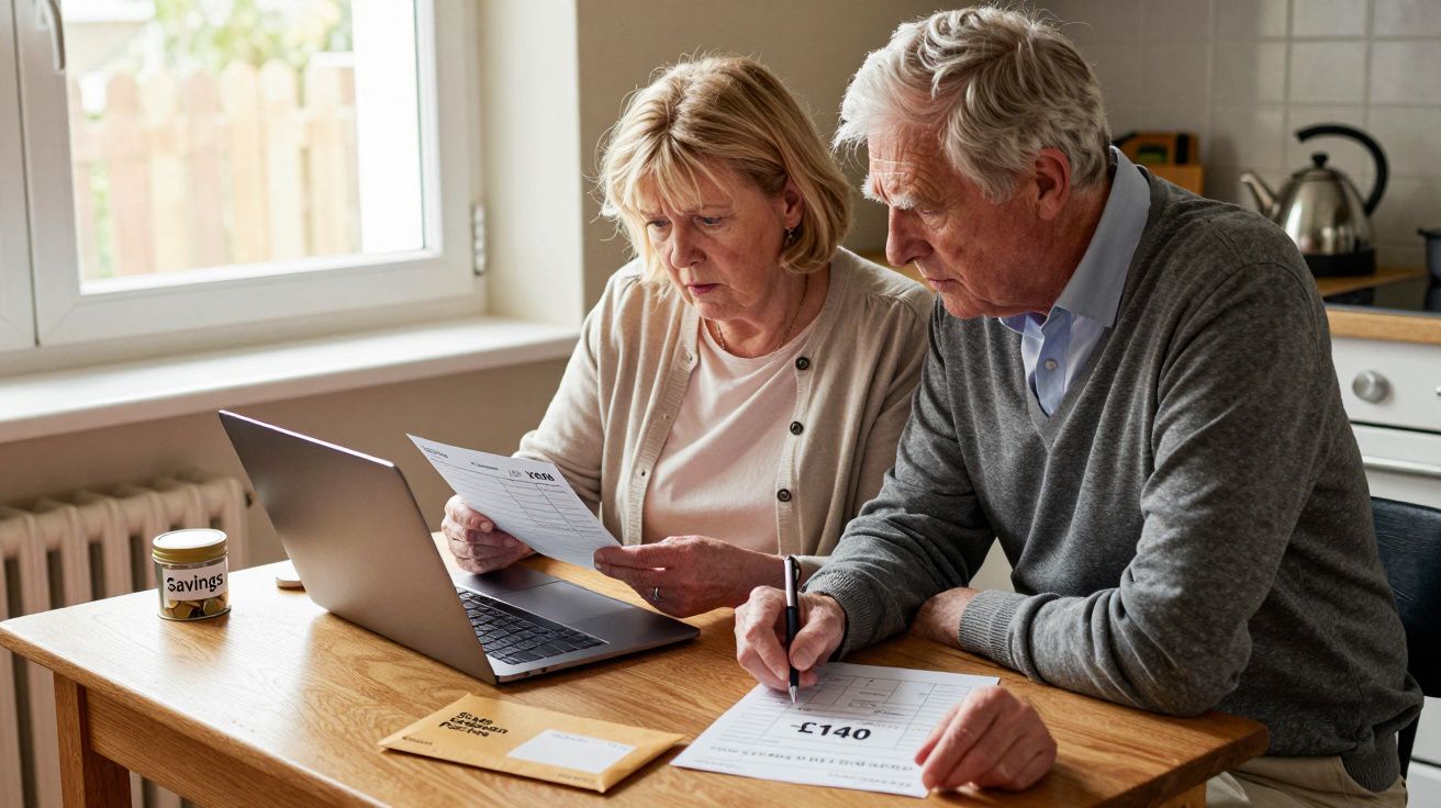 Starsza para analizuje dokumenty i korzysta z laptopa przy drewnianym stole w kuchni.