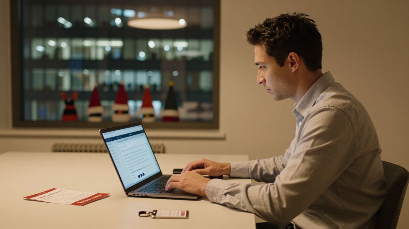 Mężczyzna pracujący na laptopie przy biurku w biurze wieczorem, w tle okno z dekoracjami.