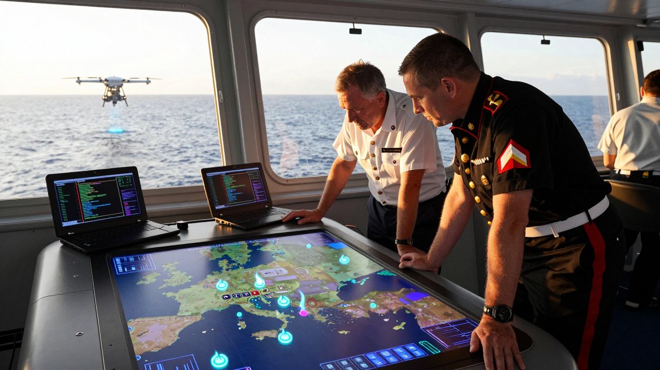 Dwóch marynarzy analizuje mapę cyfrową na ekranie dotykowym statku, dron leci nad morzem przez okno.