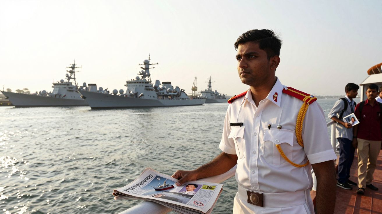 Mężczyzna w mundurze marynarki wojennej trzyma gazetę na tle wody i okrętów wojennych.