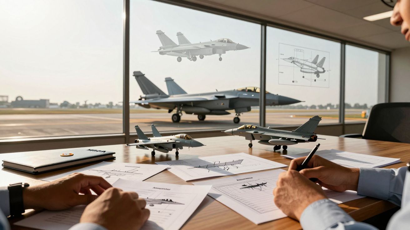Dwóch inżynierów projektuje modele wojskowych samolotów na tle realnego myśliwca na pasie startowym.