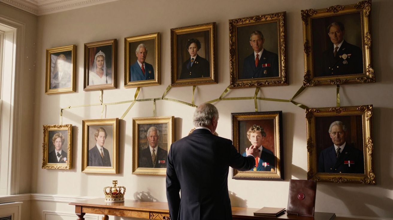 Mężczyzna ogląda rodzinne portrety w złotych ramach na ścianie z widocznymi liniami drzewa genealogicznego.