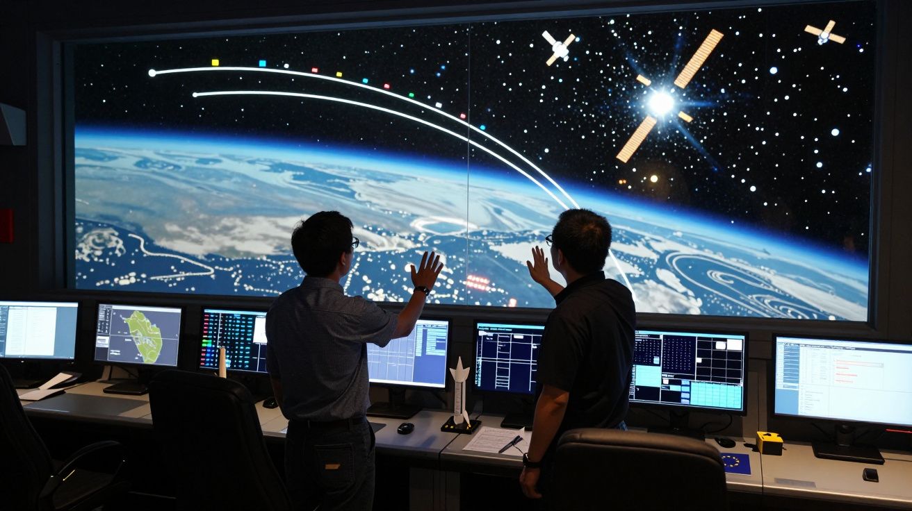 Dwie osoby sterujące misją kosmiczną, monitorujące trajektorie satelitów na dużym ekranie nad stacjami roboczymi.