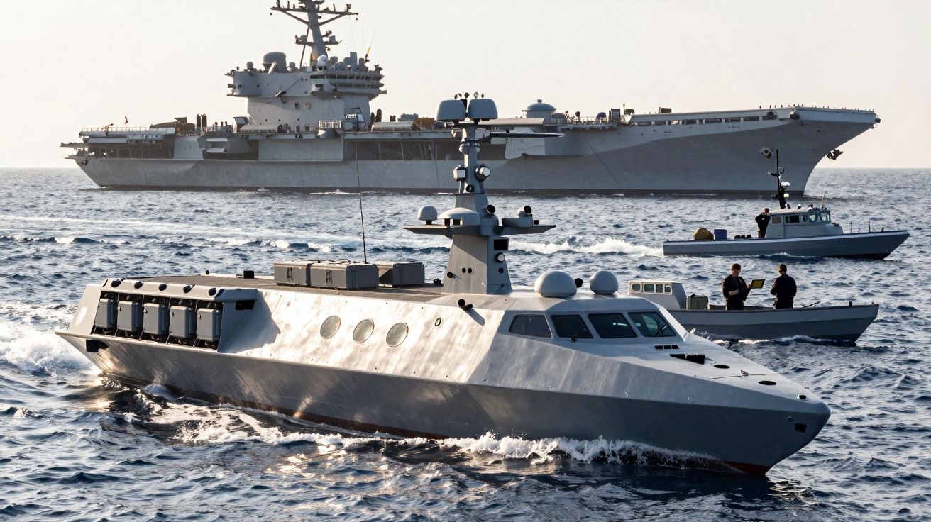 Trzy wojskowe okręty na morzu, w tym jeden duży lotniskowiec i nowoczesny kuter patrolowy na pierwszym planie.