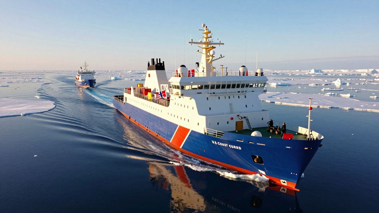 Statek Straży Przybrzeżnej USA płynący przez zimne wody z pływającymi górami lodowymi w tle
