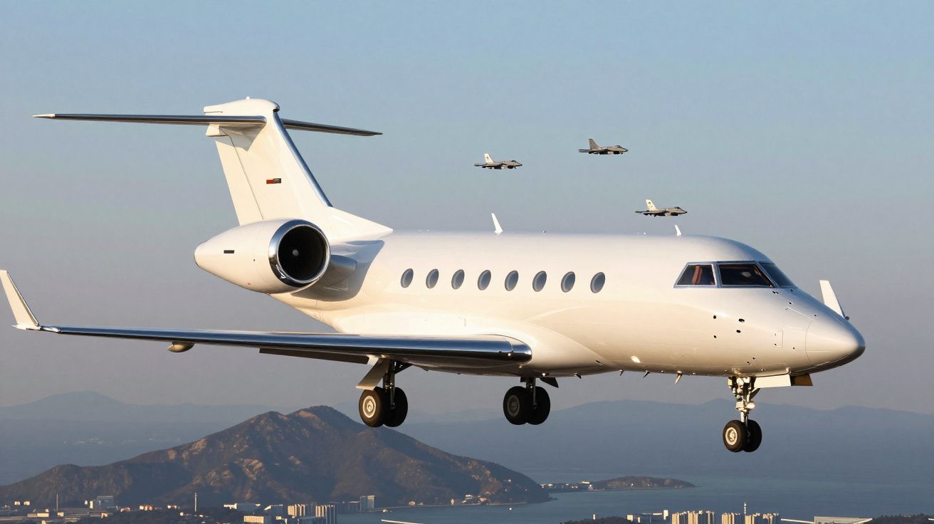 Biały odrzutowiec pasażerski z trzema myśliwcami w tle nad górzystym miastem przy zachodzie słońca.