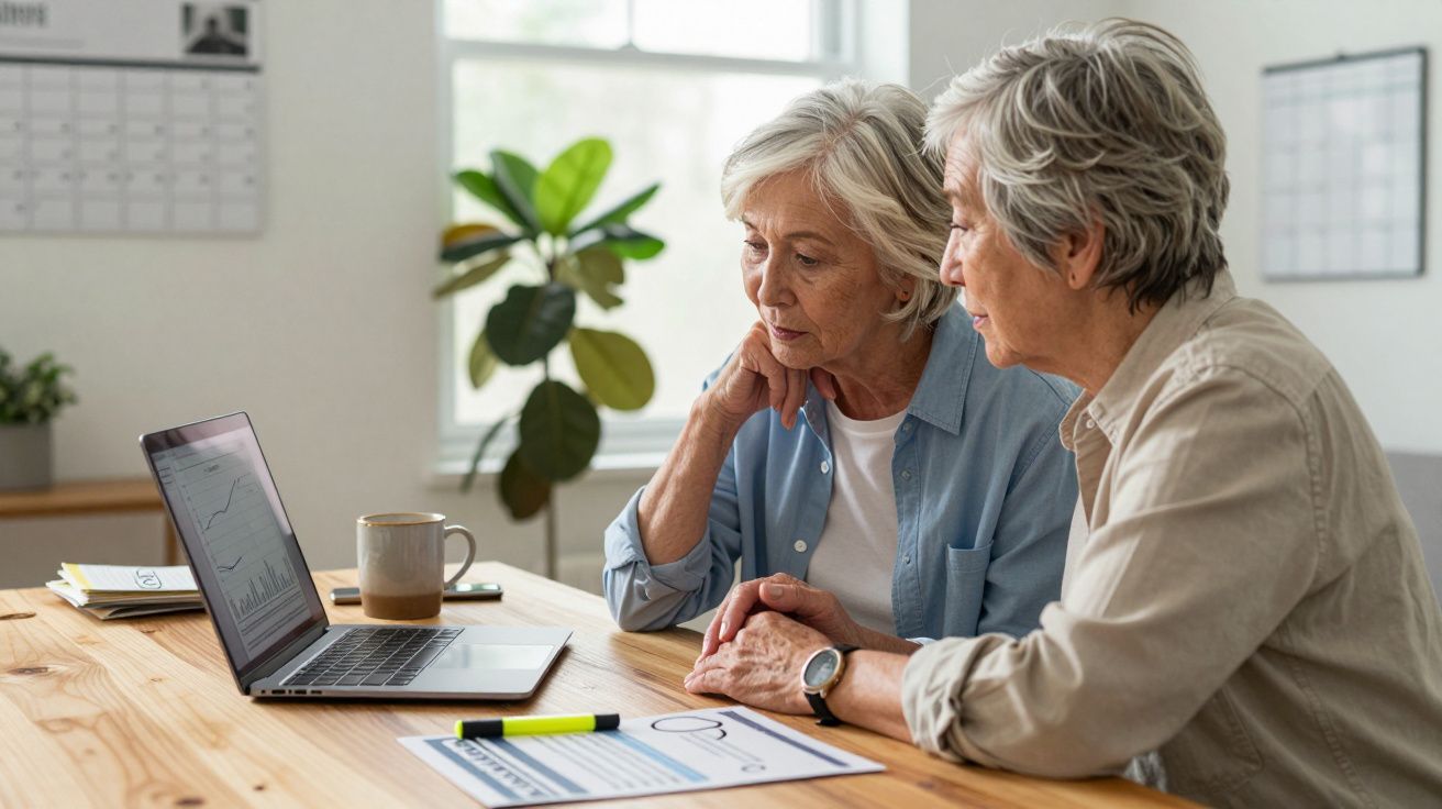 Starsza para analizująca wykresy na laptopie przy drewnianym stole w jasnym biurze.