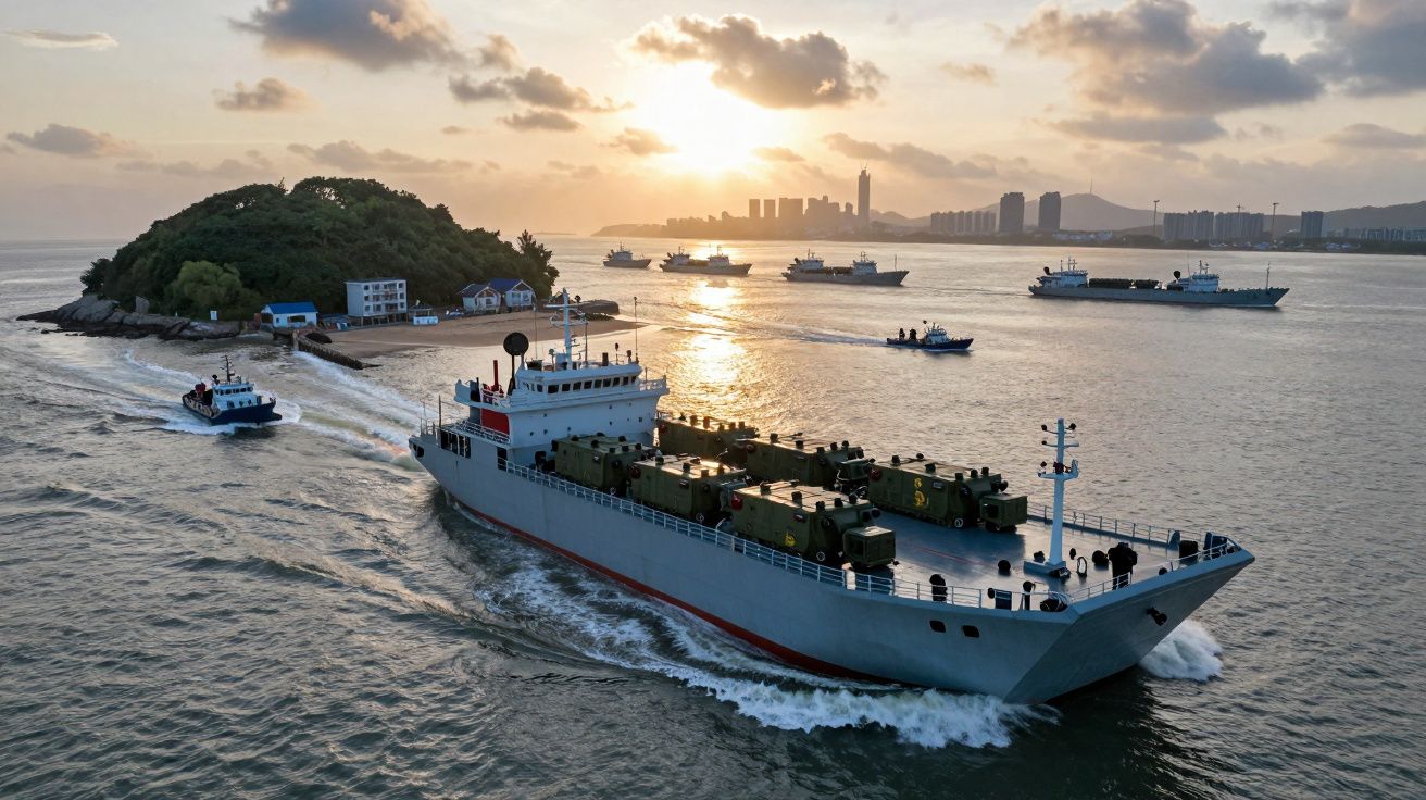 Statek wojskowy przewożący pojazdy opancerzone płynie wzdłuż wyspy o zachodzie słońca z widokiem na miasto w tle.