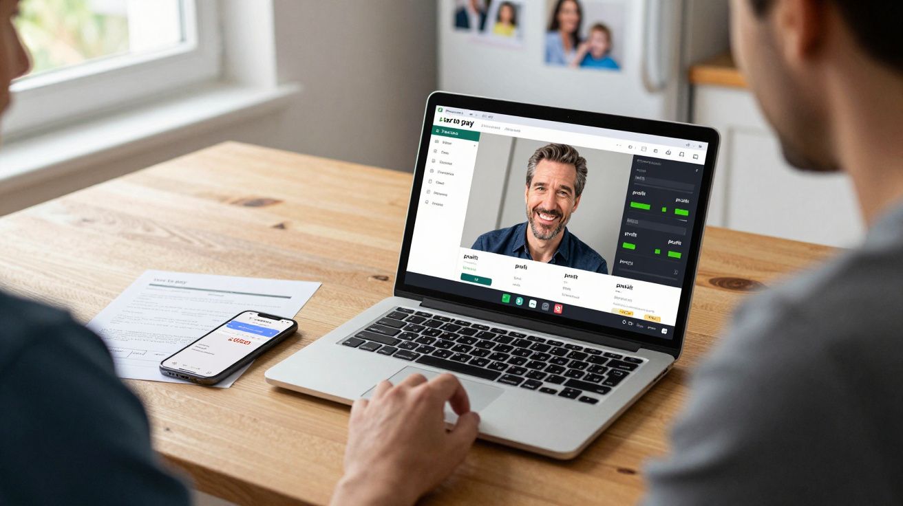 Dwie osoby oglądają na laptopie i smartfonie stronę internetową z profilem mężczyzny i danymi finansowymi.