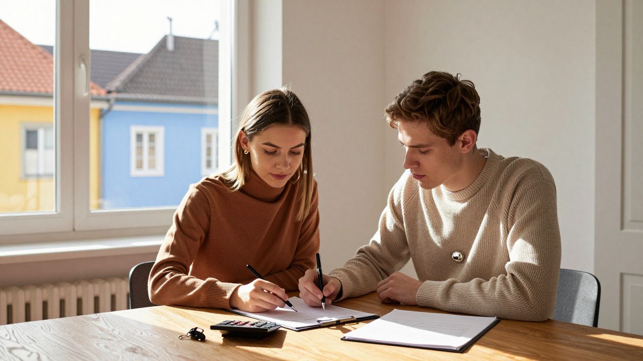 Para siedzi przy stole, wspólnie wypełnia dokumenty, obok kalkulator i klucze.