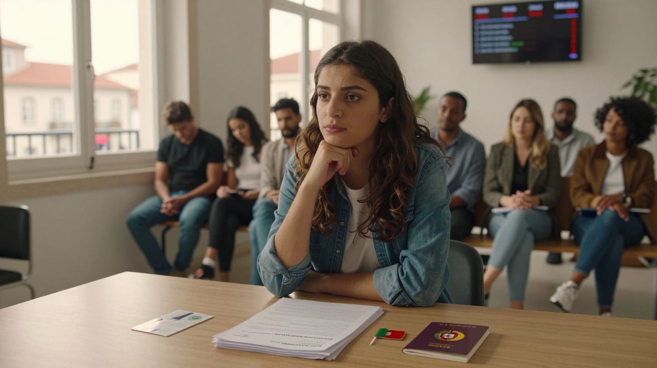 Kobieta siedzi przy biurku z dokumentami, za nią czeka w kolejce kilka osób w poczekalni.