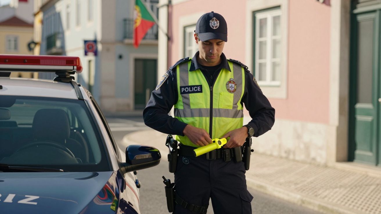 Policjant w kamizelce odblaskowej stoi przy radiowozie na ulicy, trzymając żółtą pałkę kierującą.