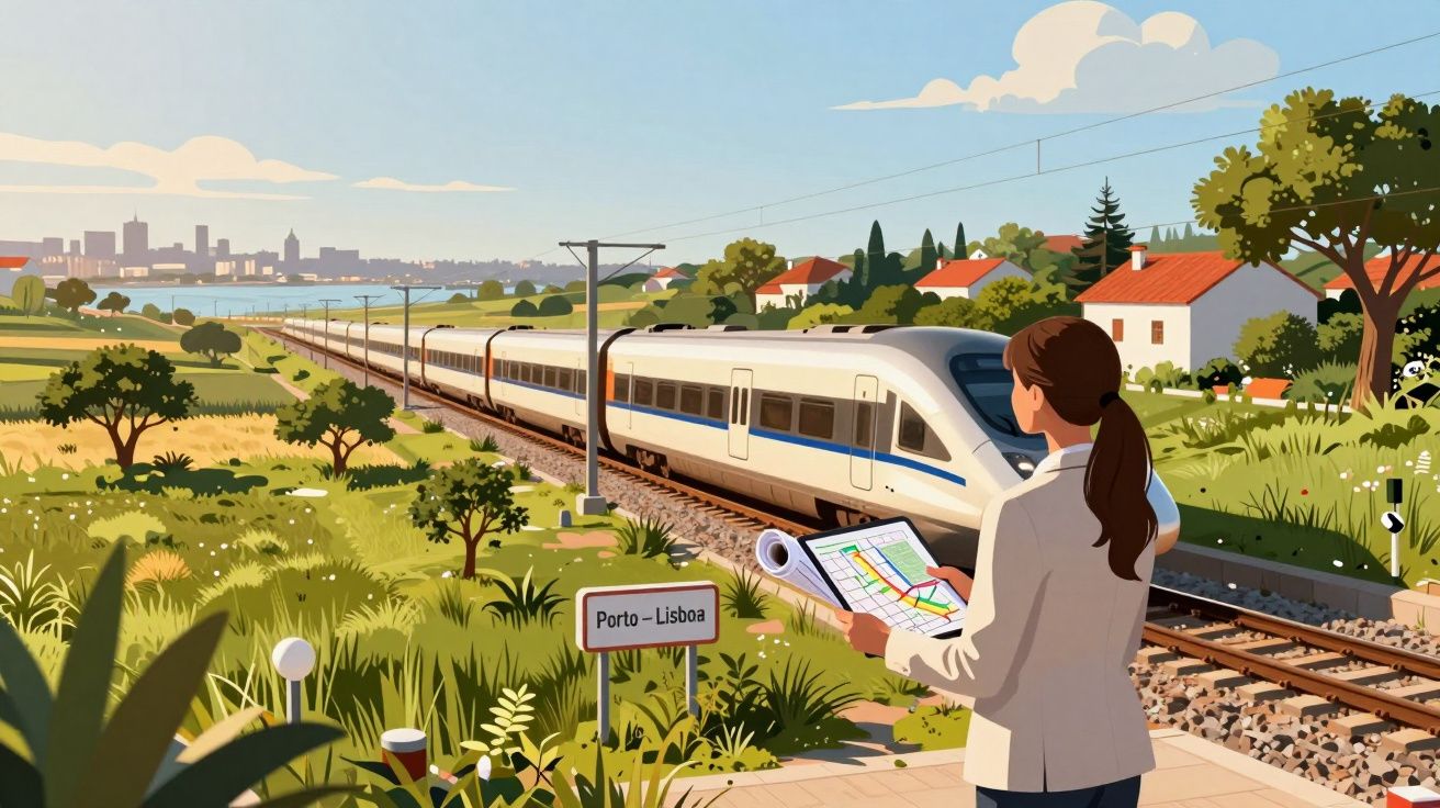 Kobieta trzyma mapę przy torach kolejowych z pociągiem w ruchu w wiejskim krajobrazie pod niebem.