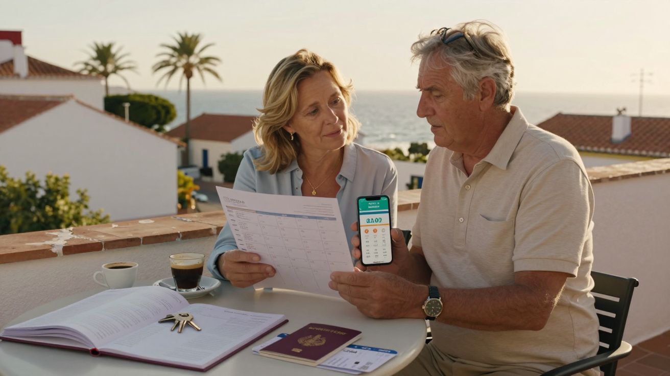 Starsza para siedzi na tarasie, przeglądając dokumenty i kalkulując na telefonie z widokiem na morze.