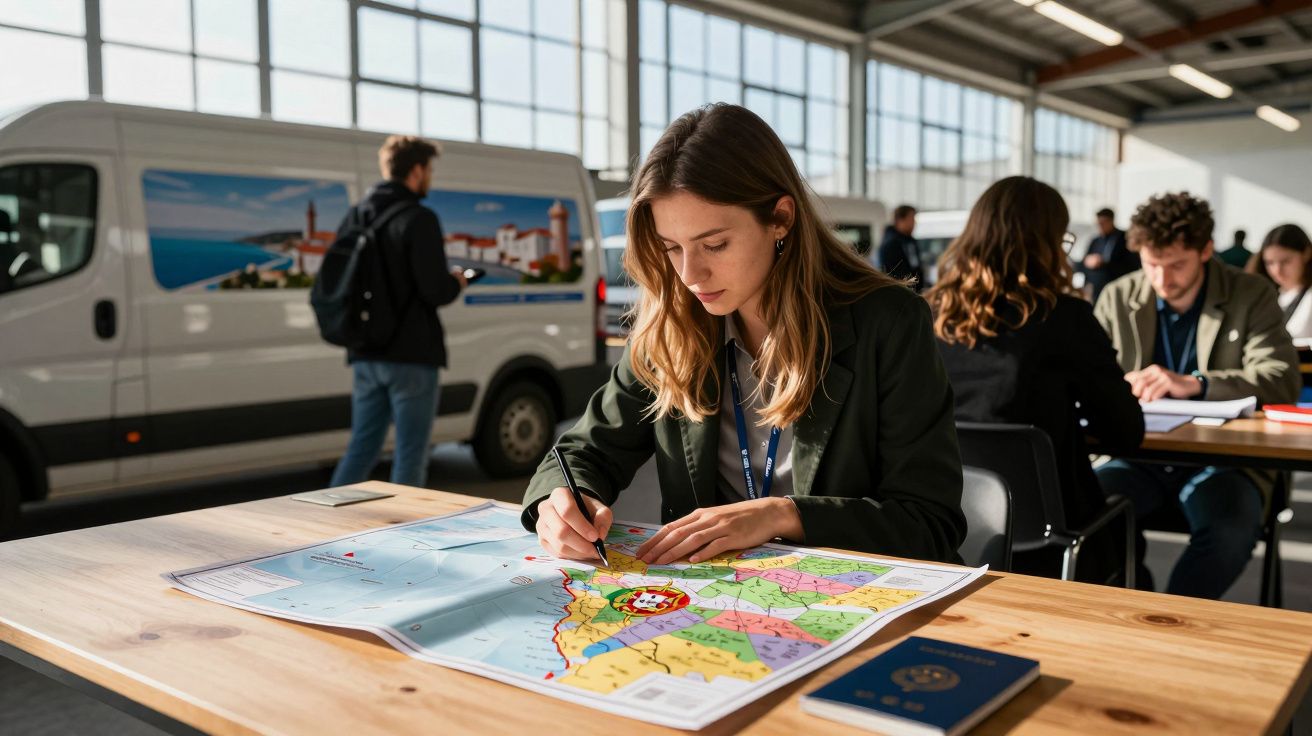 Młoda kobieta rysuje na mapie w jasnym pokoju, w tle trzy osoby i biały samochód dostawczy.