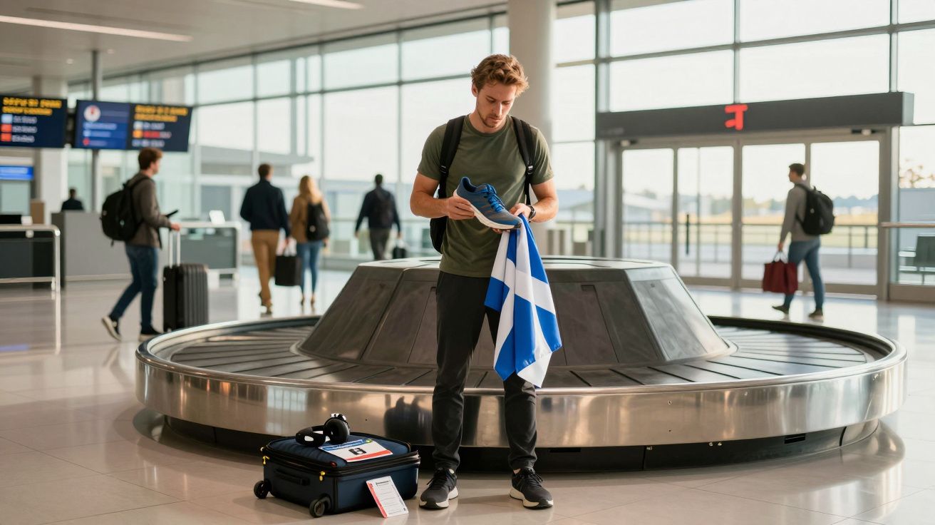 Mężczyzna trzymający but i flagę przy taśmie bagażowej na lotnisku, w tle inni pasażerowie z walizkami.
