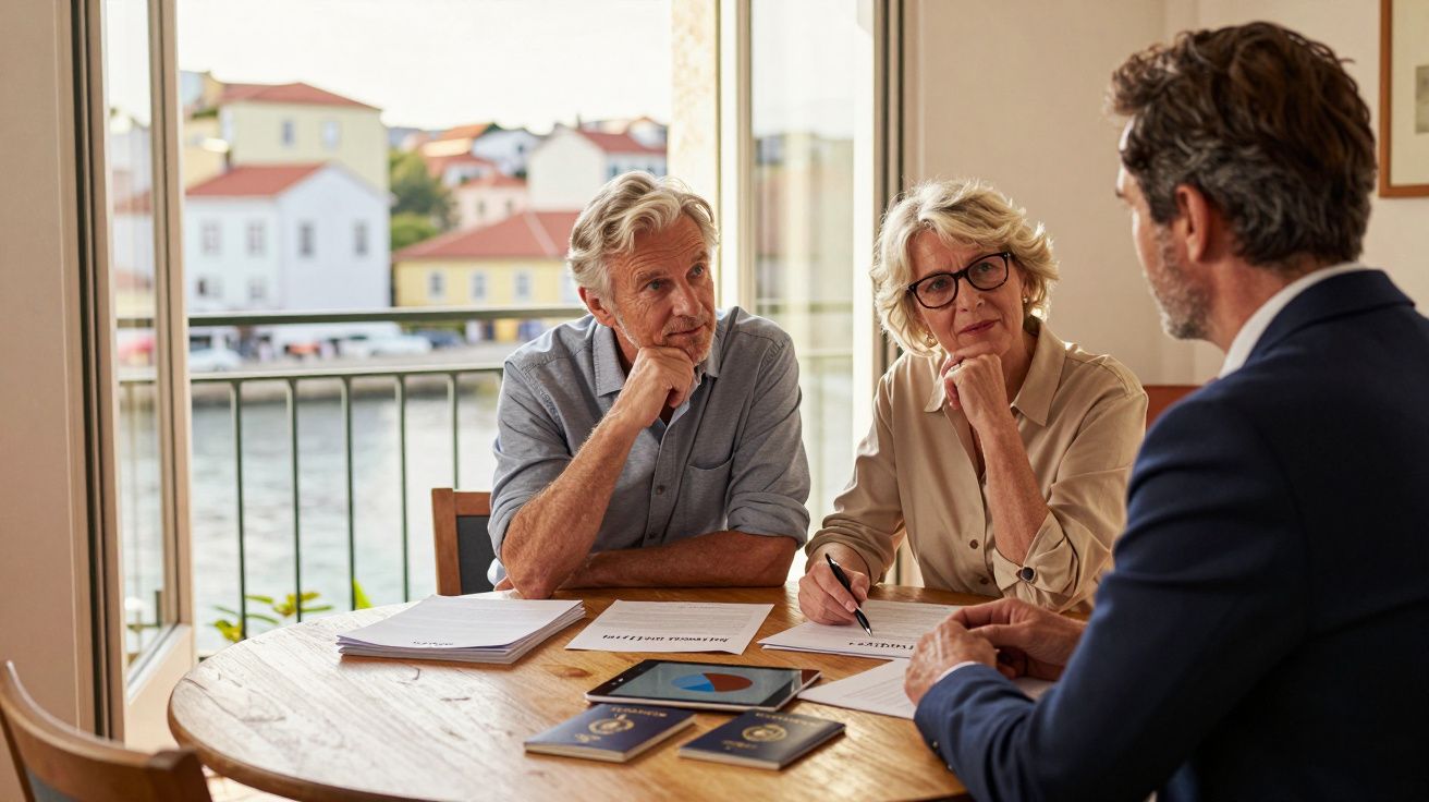 Starsze małżeństwo rozmawia z doradcą siedząc przy stole z dokumentami i tabletami nad wodą.