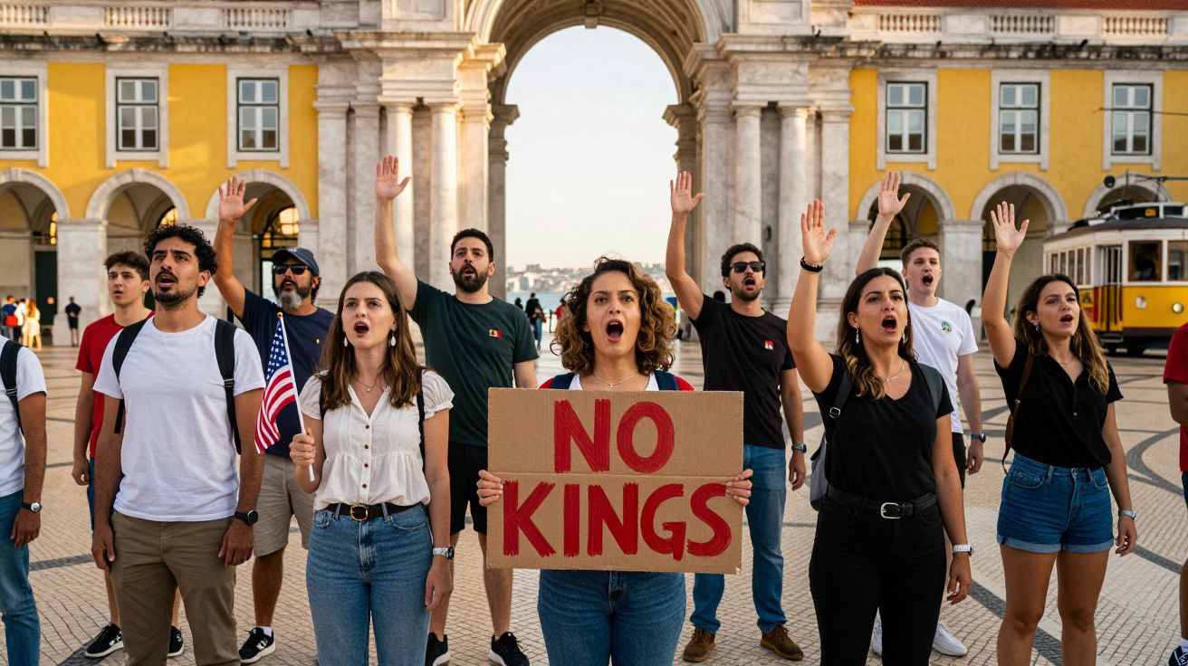 Grupa młodych ludzi protestujących na placu z kartonem z napisem NO KINGS.