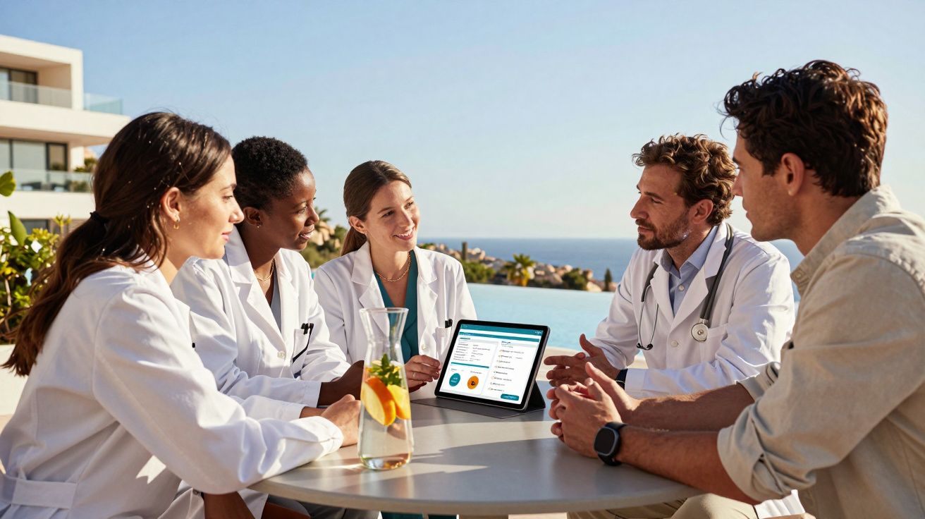 Grupa lekarzy i mężczyzna rozmawiają siedząc przy okrągłym stoliku na zewnątrz przy basenie, tablet przed nimi.