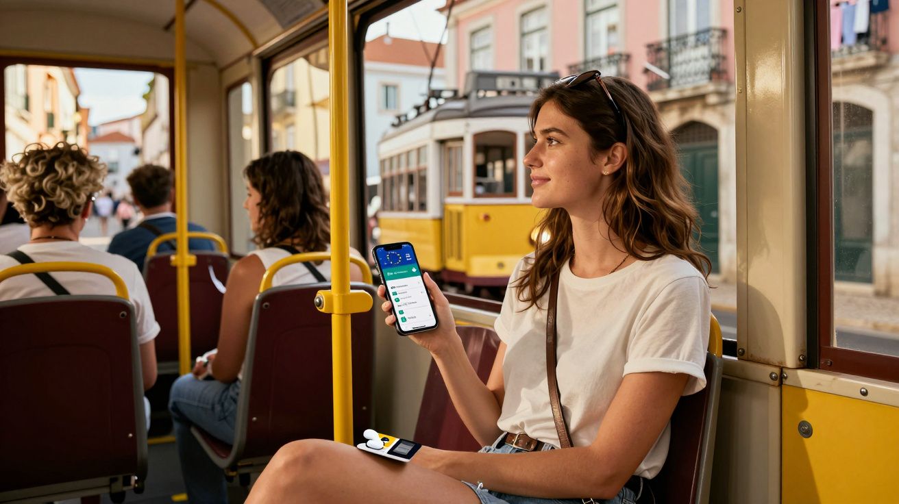 Młoda kobieta siedzi w tramwaju, trzyma smartfon, za oknem żółty tramwaj i kamienice miejskie.
