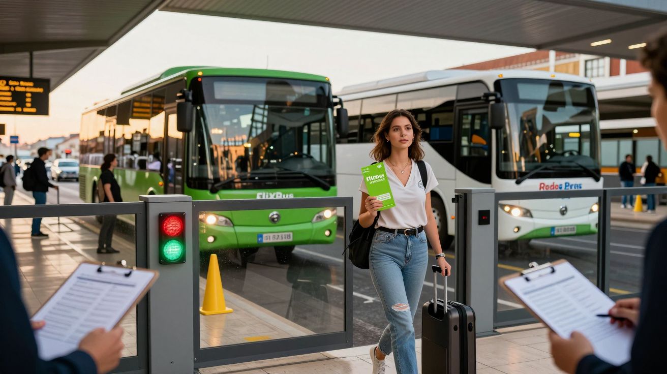Młoda kobieta z walizką i biletem na przystanku autobusowym z dwoma autobusami w tle.