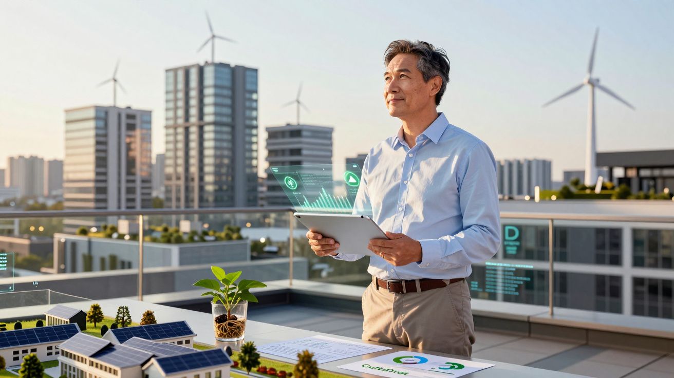 Mężczyzna z tabletem analizujący dane energii odnawialnej na tle miasta i turbin wiatrowych.