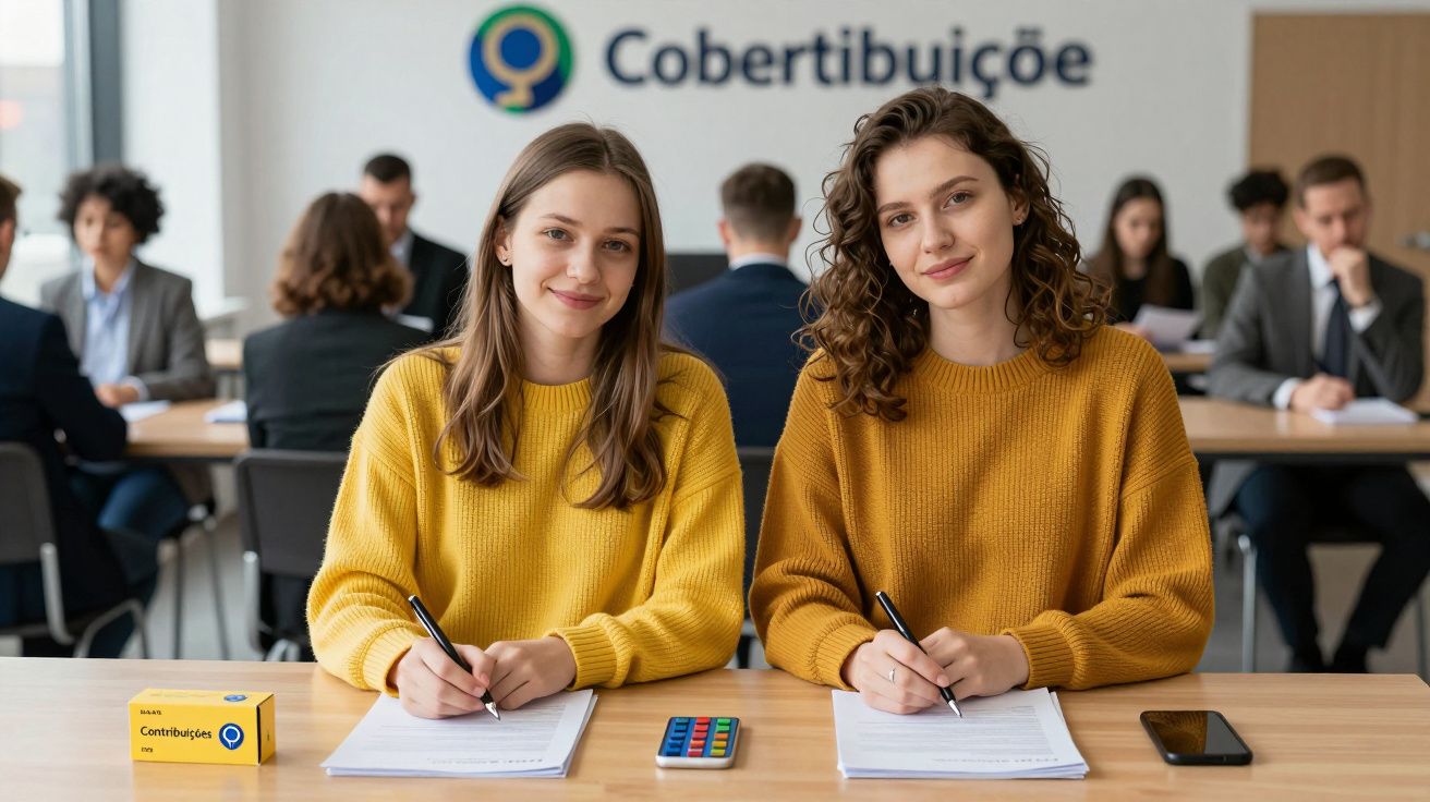 Dwie młode kobiety w żółtych swetrach siedzą przy stole z dokumentami i piszą, w tle ludzie na spotkaniu.