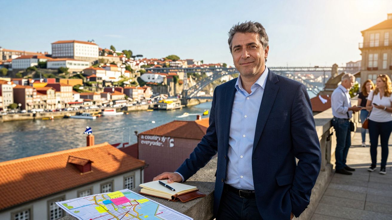 Mężczyzna w garniturze stoi na tarasie z mapą i notatnikiem, za nim rzeka i most w mieście.