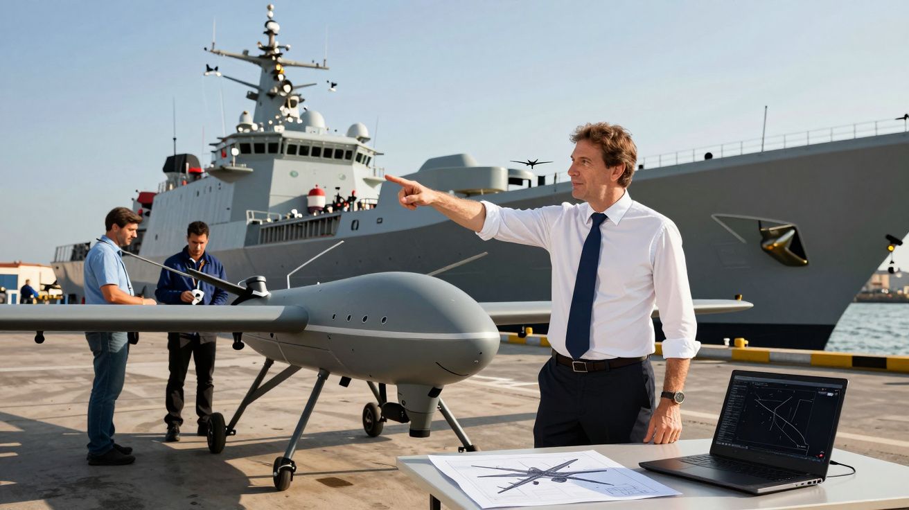 Mężczyzna wskazuje na bezzałogowy dron wojskowy na nabrzeżu z okrętem wojennym w tle.