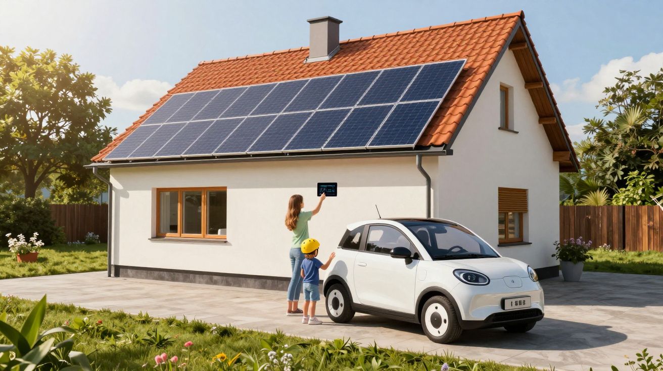 Dom z panelami słonecznymi na dachu, dziecko i kobieta przy białym samochodzie elektrycznym na podjeździe.