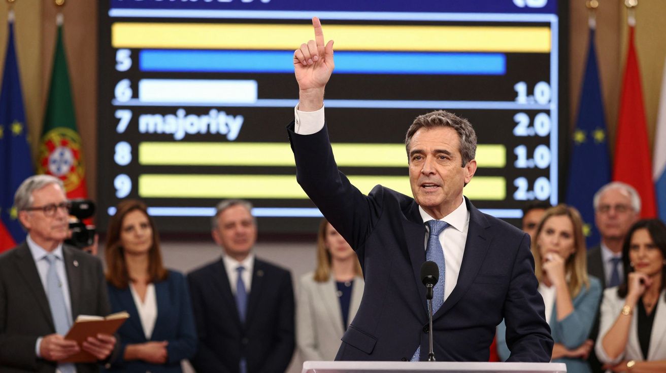 Mężczyzna przemawia przy mikrofonie, w tle ludzie i ekran z wykresem i flagami.