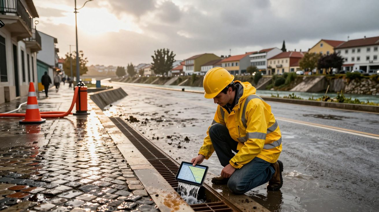 Pracownik w żółtej kurtce i kasku analizuje tablet przy studzience burzowej na ulicy po deszczu.