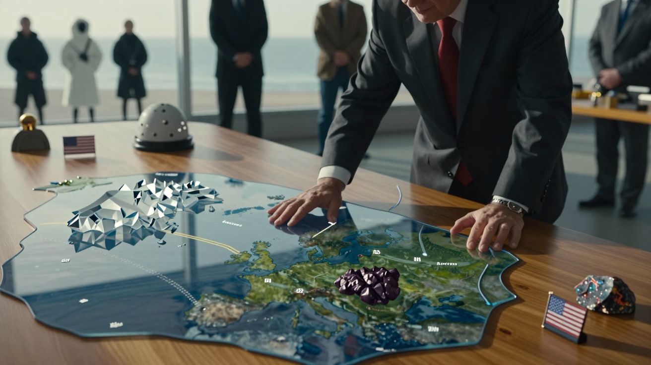 Mężczyzna w garniturze analizujący strategiczną mapę Europy na stole z flagami USA i futurystycznymi modelami.