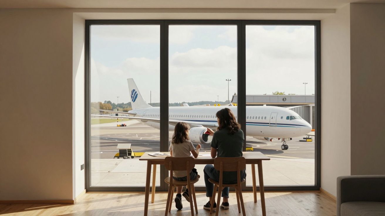 Dziecko i dorosły siedzą przy stole, patrząc na samolot na lotnisku przez duże okno.
