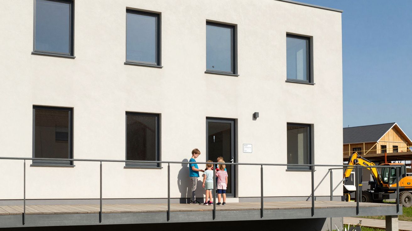 Trójka dzieci stoi na drewnianym tarasie przed nowoczesnym białym budynkiem z dużymi oknami.