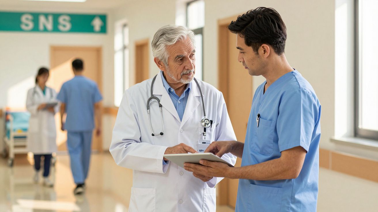 Dwóch lekarzy rozmawia i ogląda tablet w szpitalnym korytarzu.
