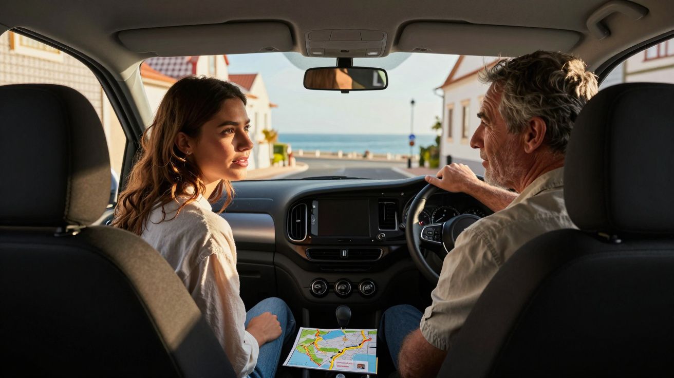 Dwóch ludzi siedzi w samochodzie zaparkowanym przy ulicy nad morzem, kobieta trzyma mapę.
