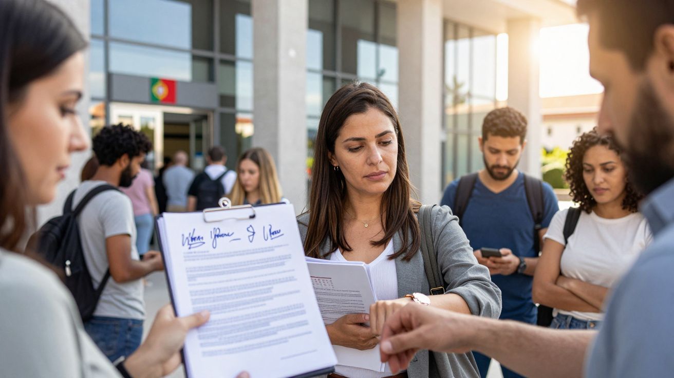 Grupa młodych ludzi stoi na zewnątrz budynku, jedna kobieta sprawdza czas na zegarku, druga trzyma dokument.