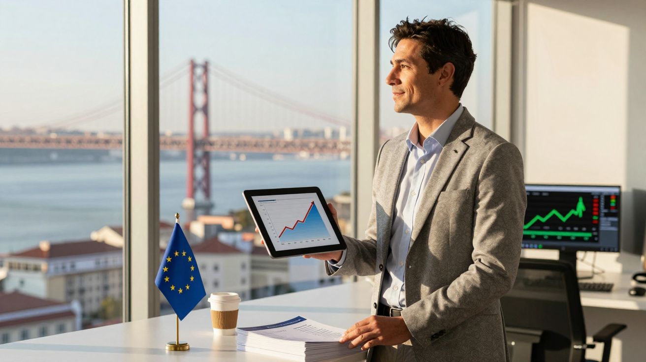 Mężczyzna w garniturze pokazuje tablet z wykresem wzrostu, stoi przy biurku z flagą UE i kawą.